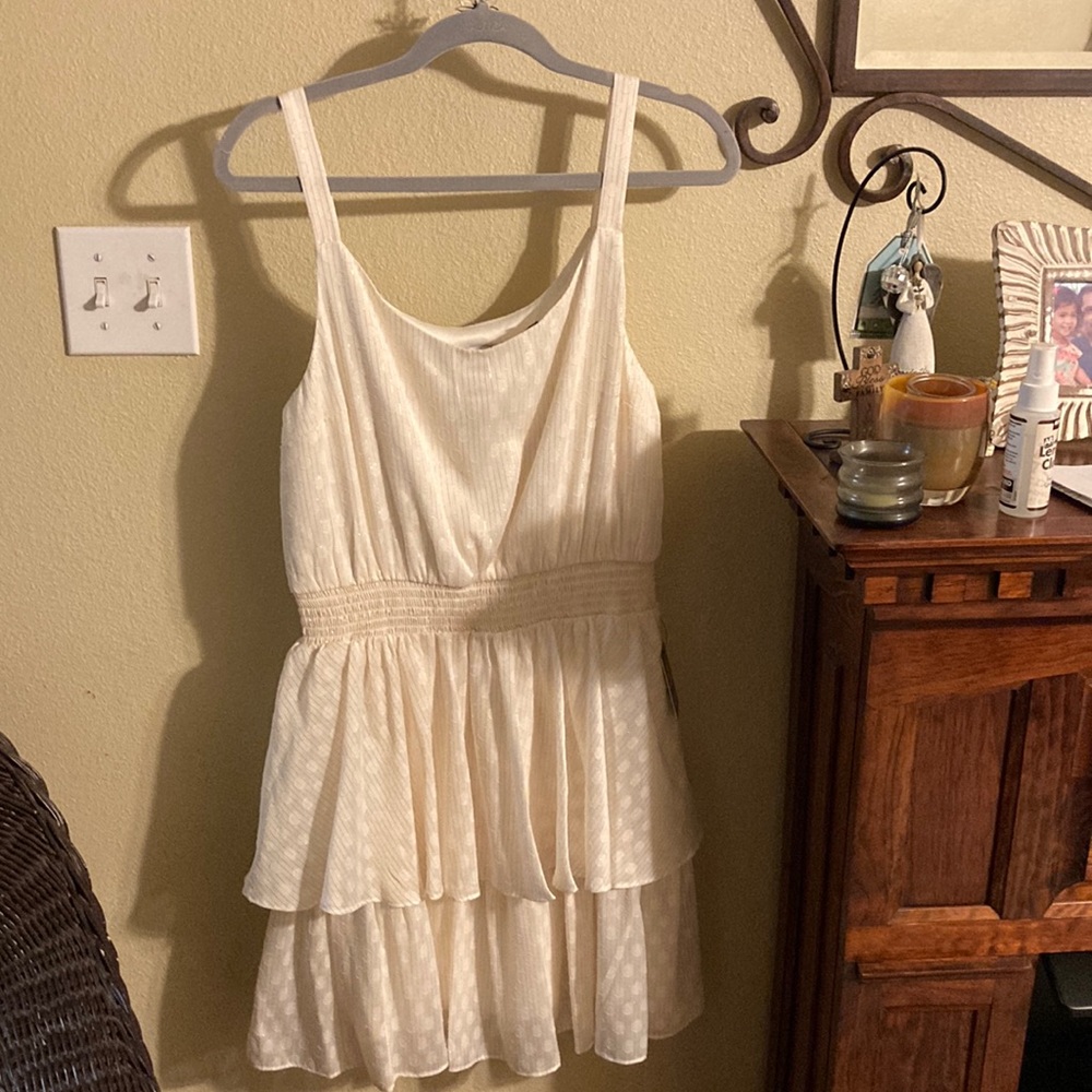 Express cream & gold tiered mini dress, size M